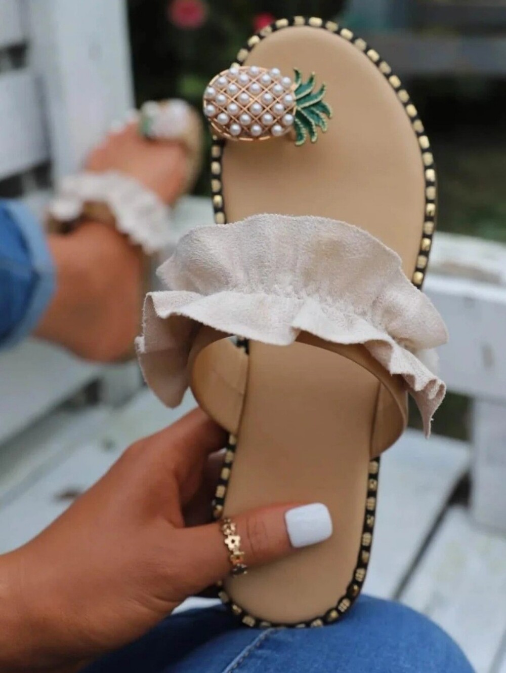 🍍 SHEIN Pineapple Ruffle Slide Sandals | Size 7 | Boho Vacation Summer